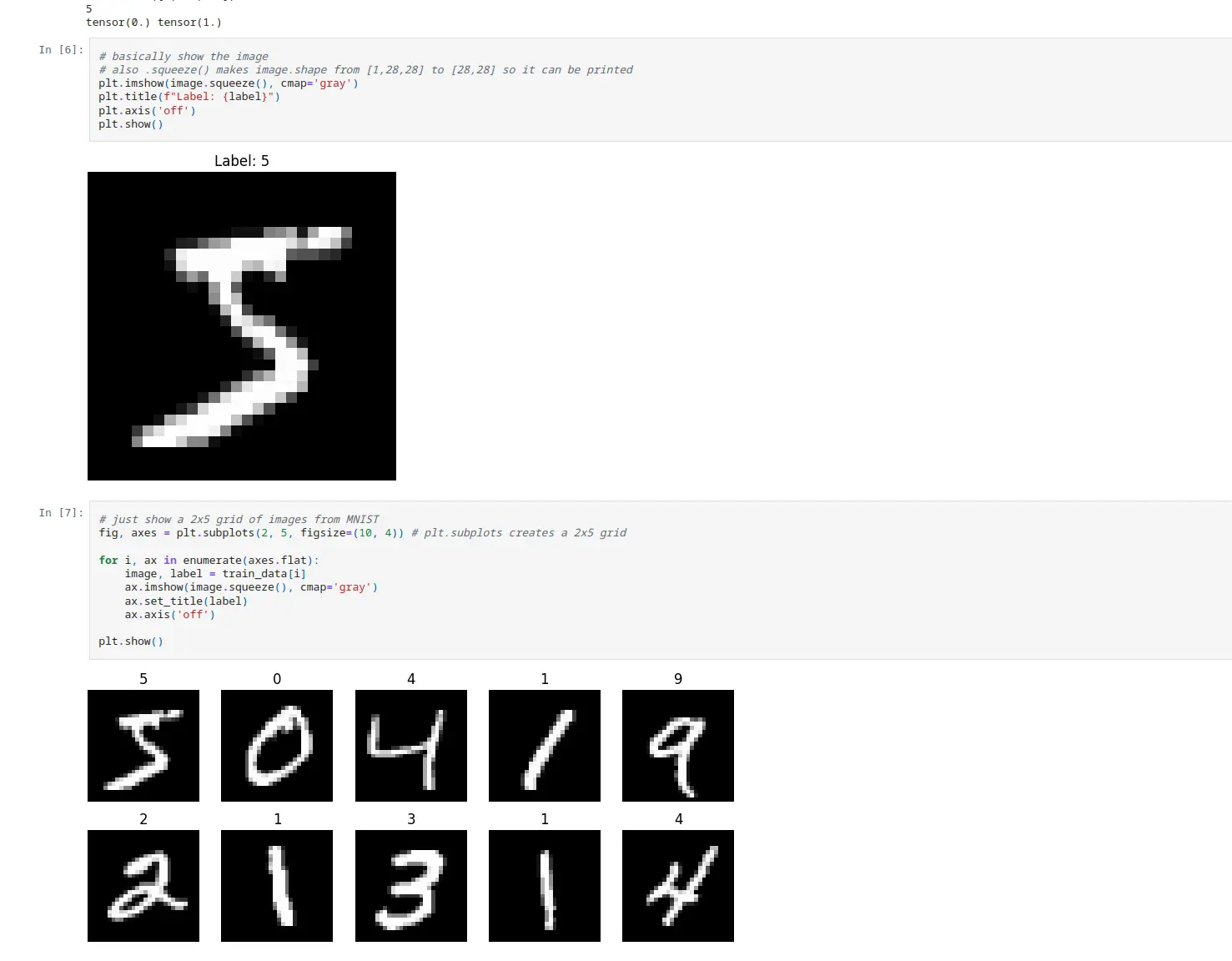 Notebook cells loading and visualising MNIST digits - a single sample labelled 5, then a 2x5 grid of labelled training images