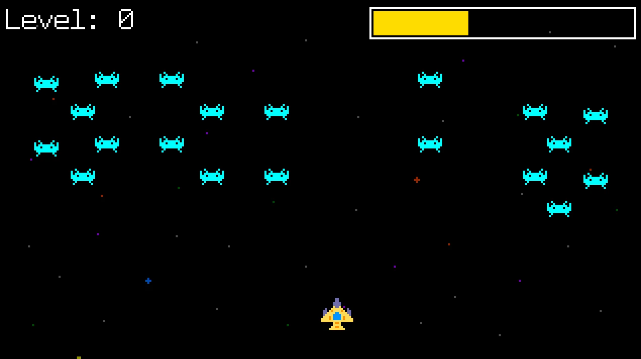 Bonus power-up state — player ship turns gold with a charge bar in the top right