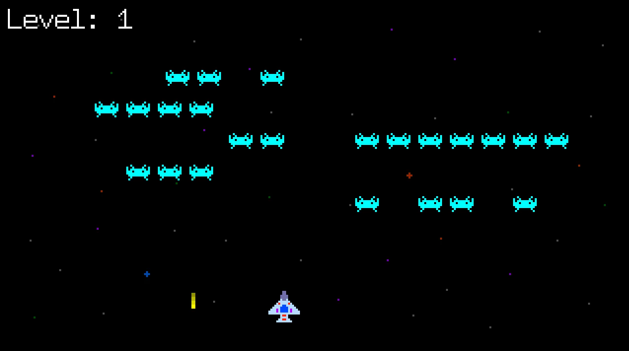 Level 1 gameplay — enemy formation mid-battle with player ship firing