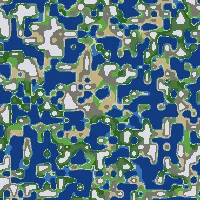 Terrain at noise frequency 0.15 — balanced mix of landmasses and sea