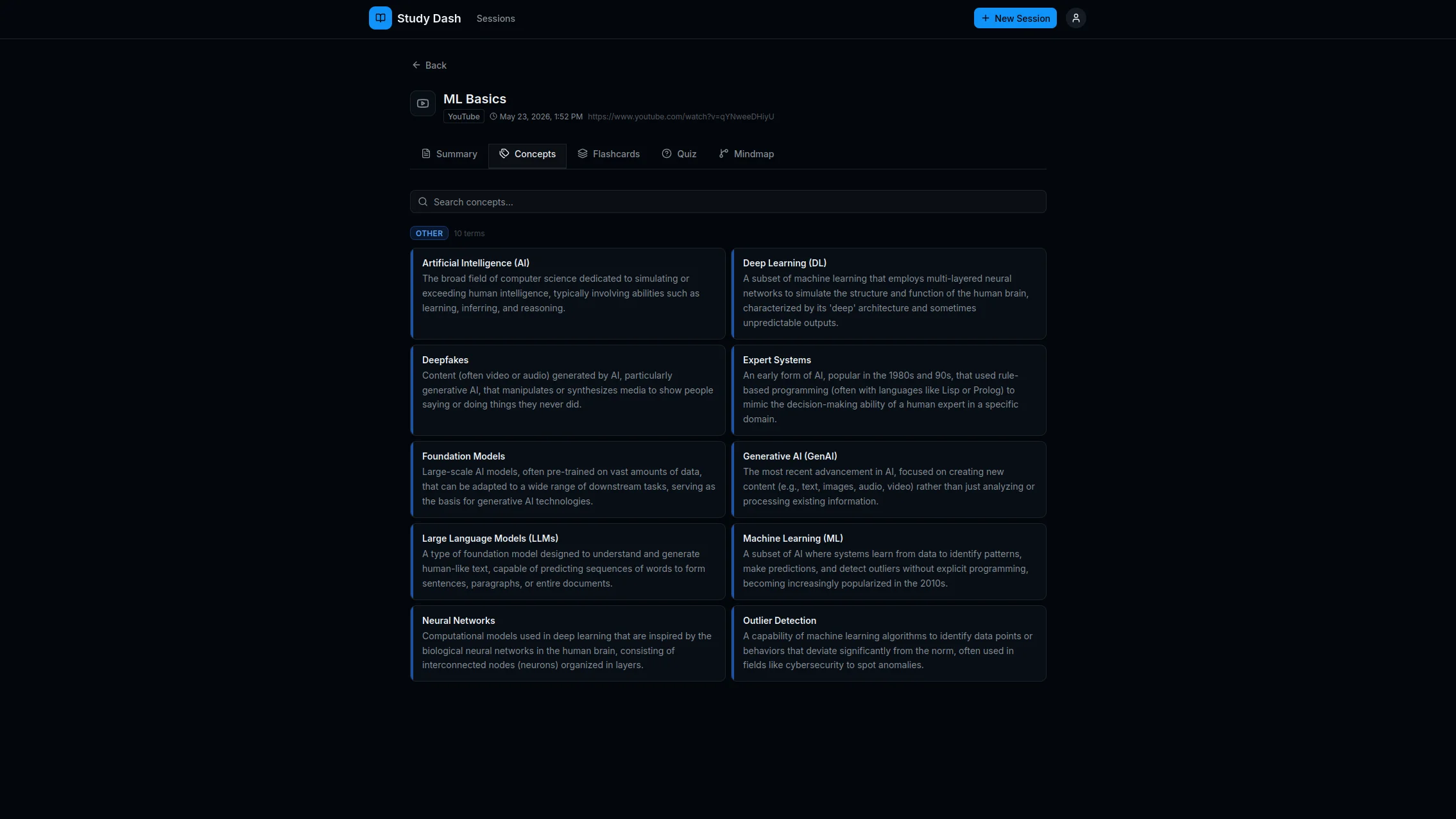 Concepts tab showing AI-extracted concept cards from an ML Basics session