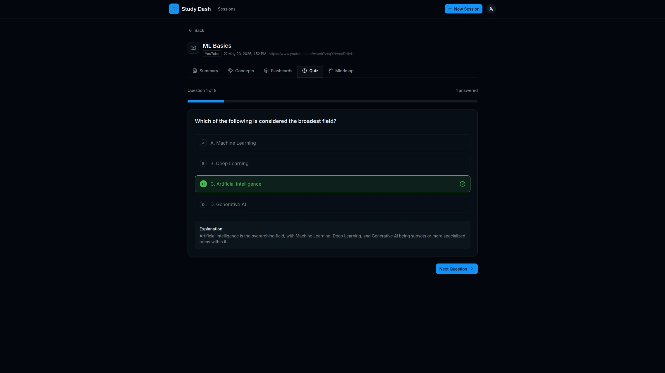 Quiz answer revealed — correct option highlighted with an explanation