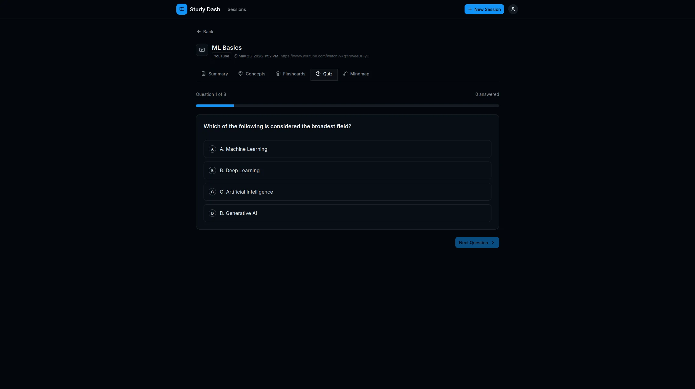 Quiz tab with a multiple-choice question generated from session content